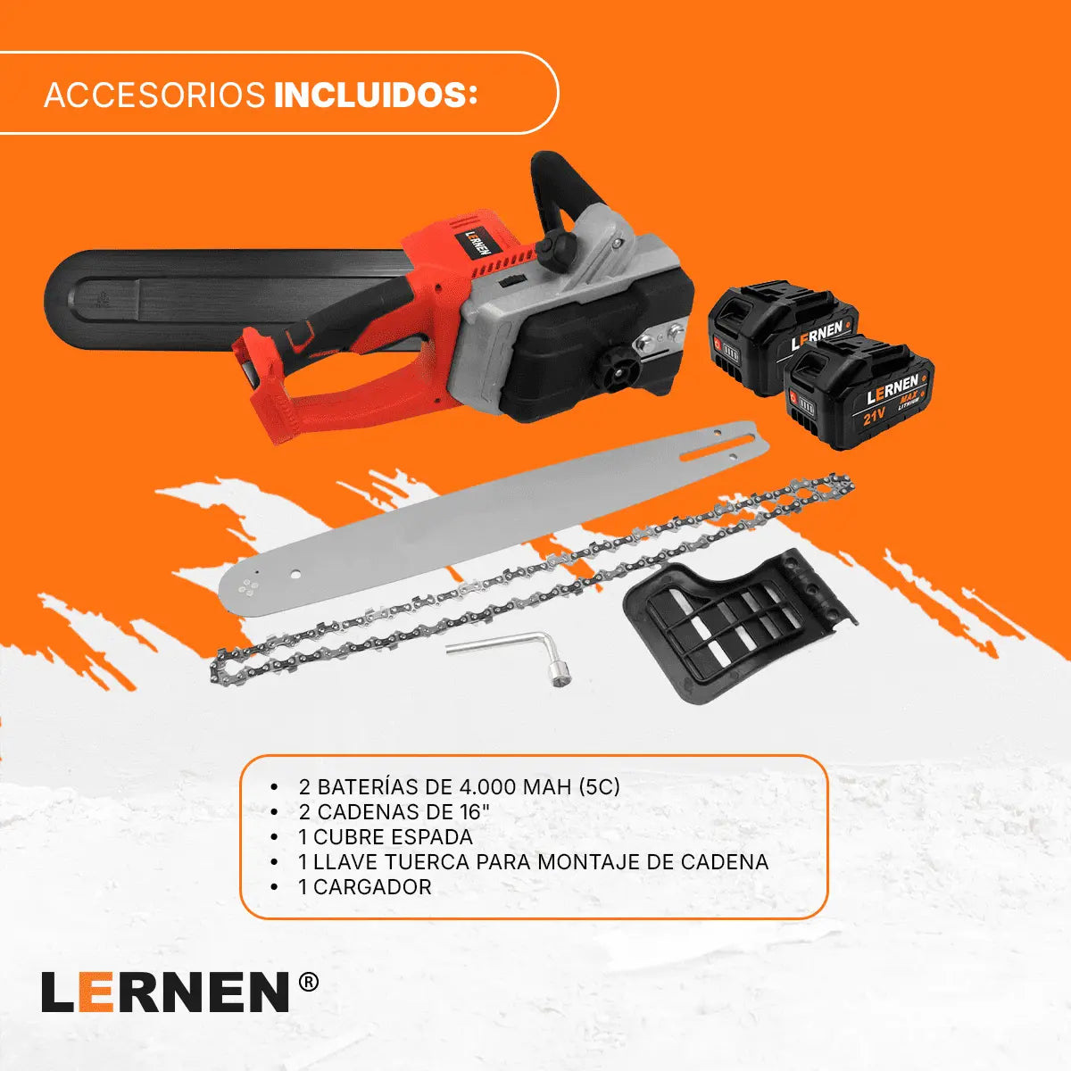 Motosierra Podadora Inalámbrica 16'' + 2 Baterías + Cadenas Lernen