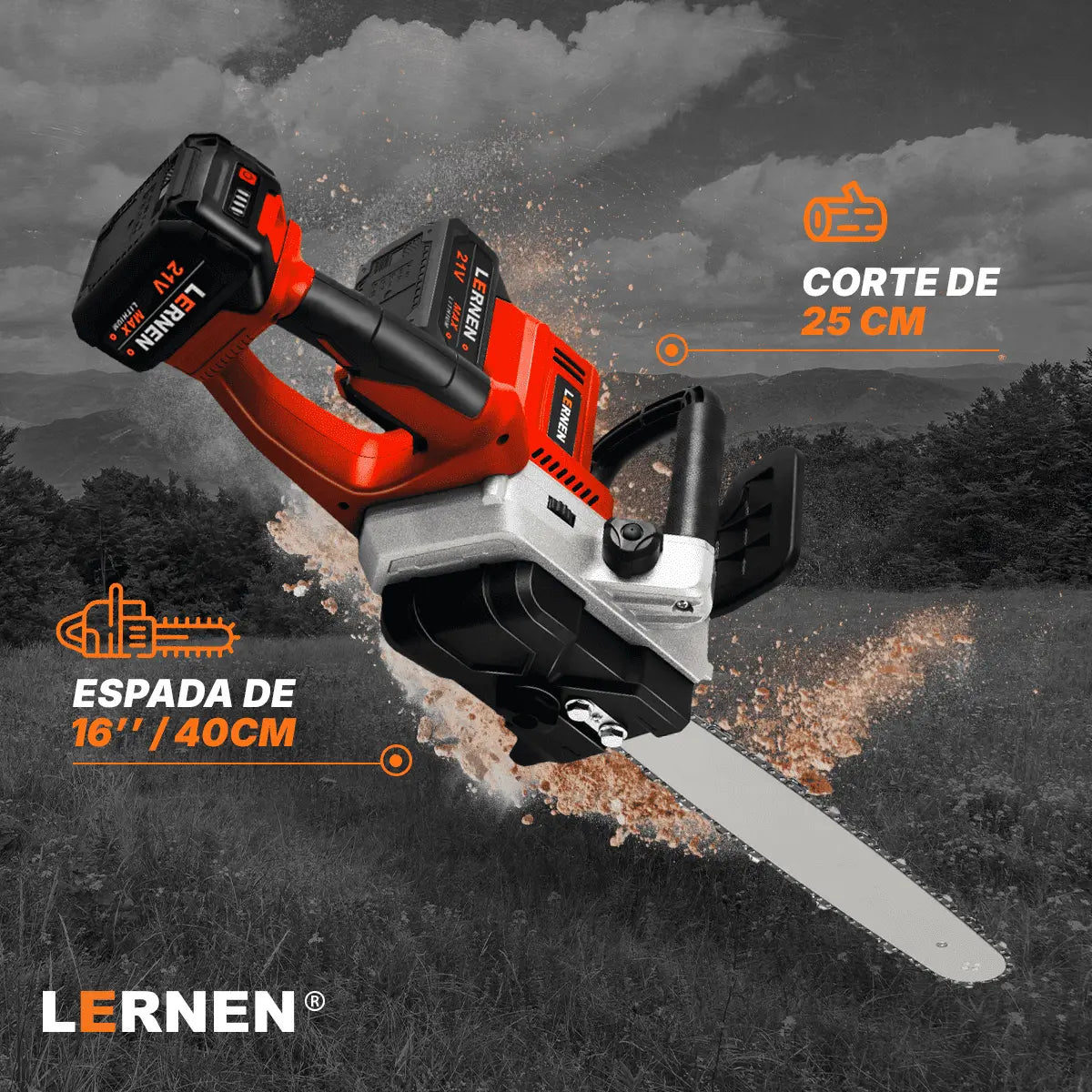 Motosierra Podadora Inalámbrica 16'' + 2 Baterías + Cadenas Lernen