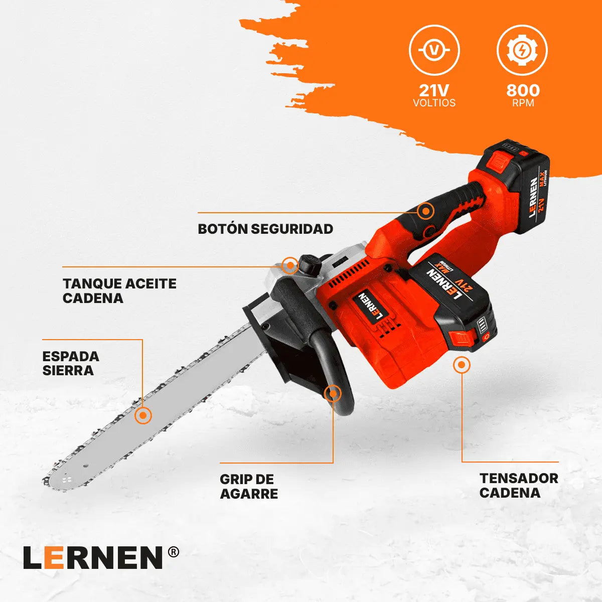 Motosierra Podadora Inalámbrica 16'' + 2 Baterías + Cadenas Lernen