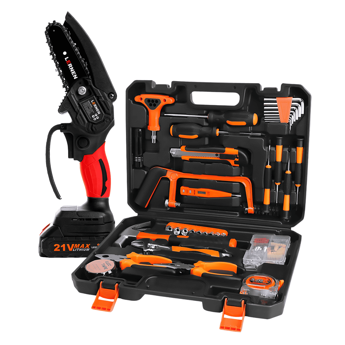 Pack Motosierra Podadora 4 Pulgadas 2 Baterías + Set De 150 Herramientas