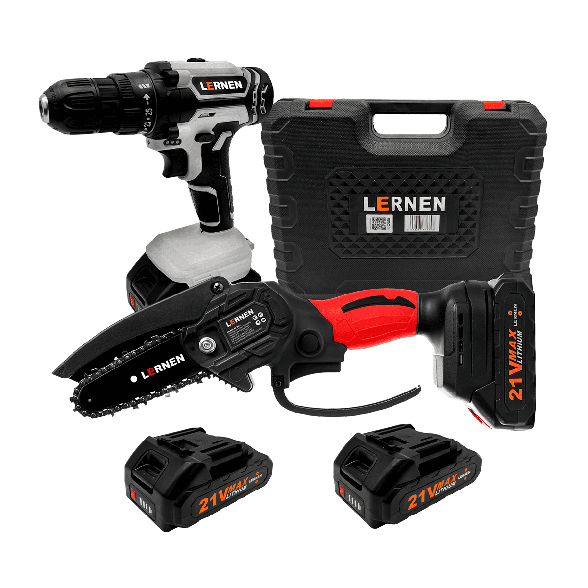 Pack Taladro Inalámbrico LERNEN + Motosierra Podadora LERNEN + 4 Baterías