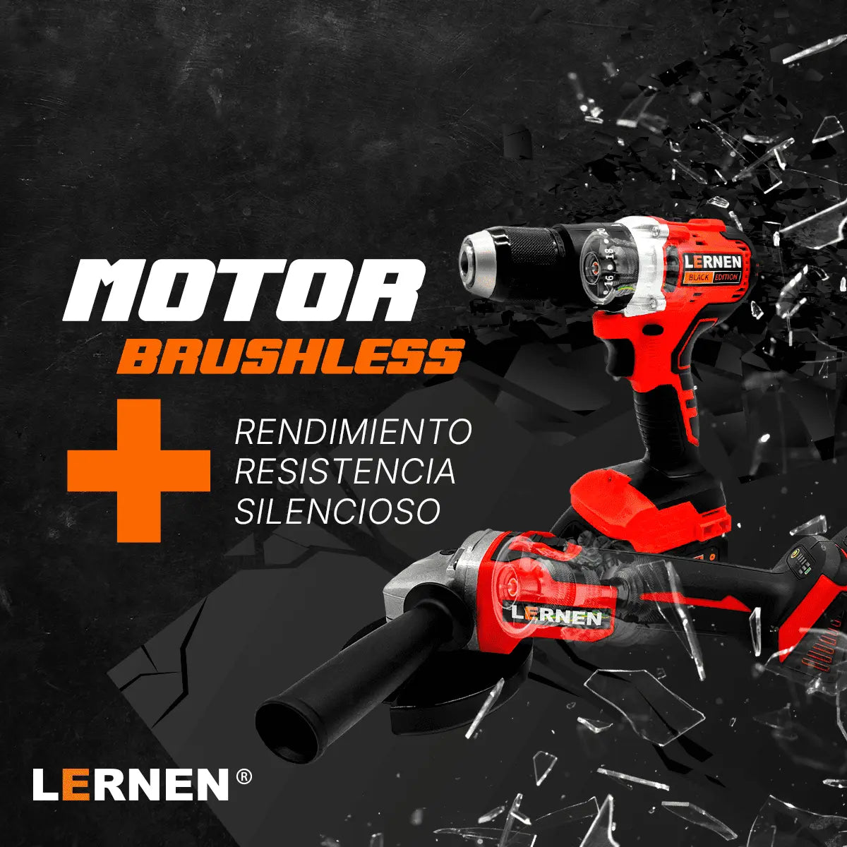 Pack Esmeril Inalámbrico 125 MM + Taladro Percutor Brushless + 2 Baterías + Accesorios Lernen