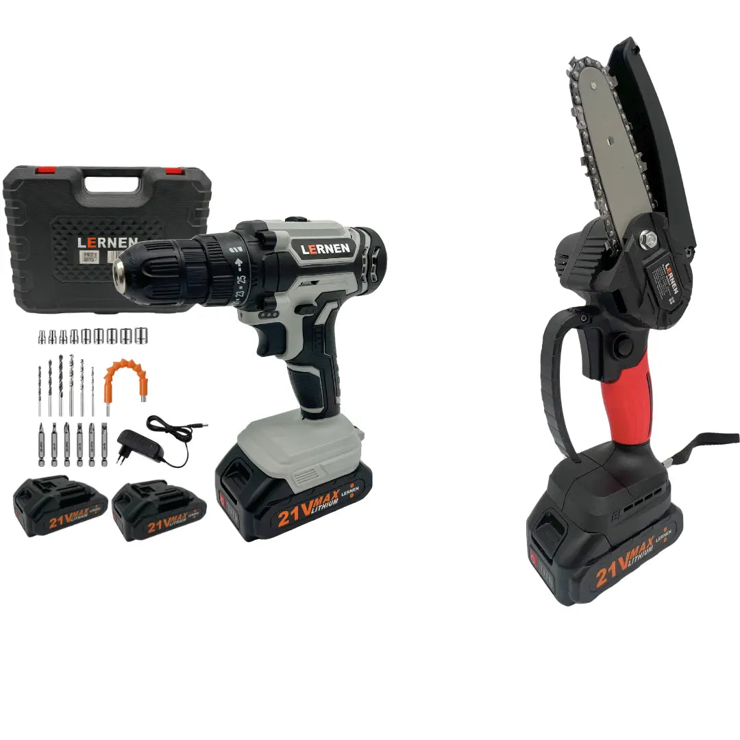 Pack Taladro Inalámbrico LERNEN + Motosierra Podadora LERNEN + 4 Baterías