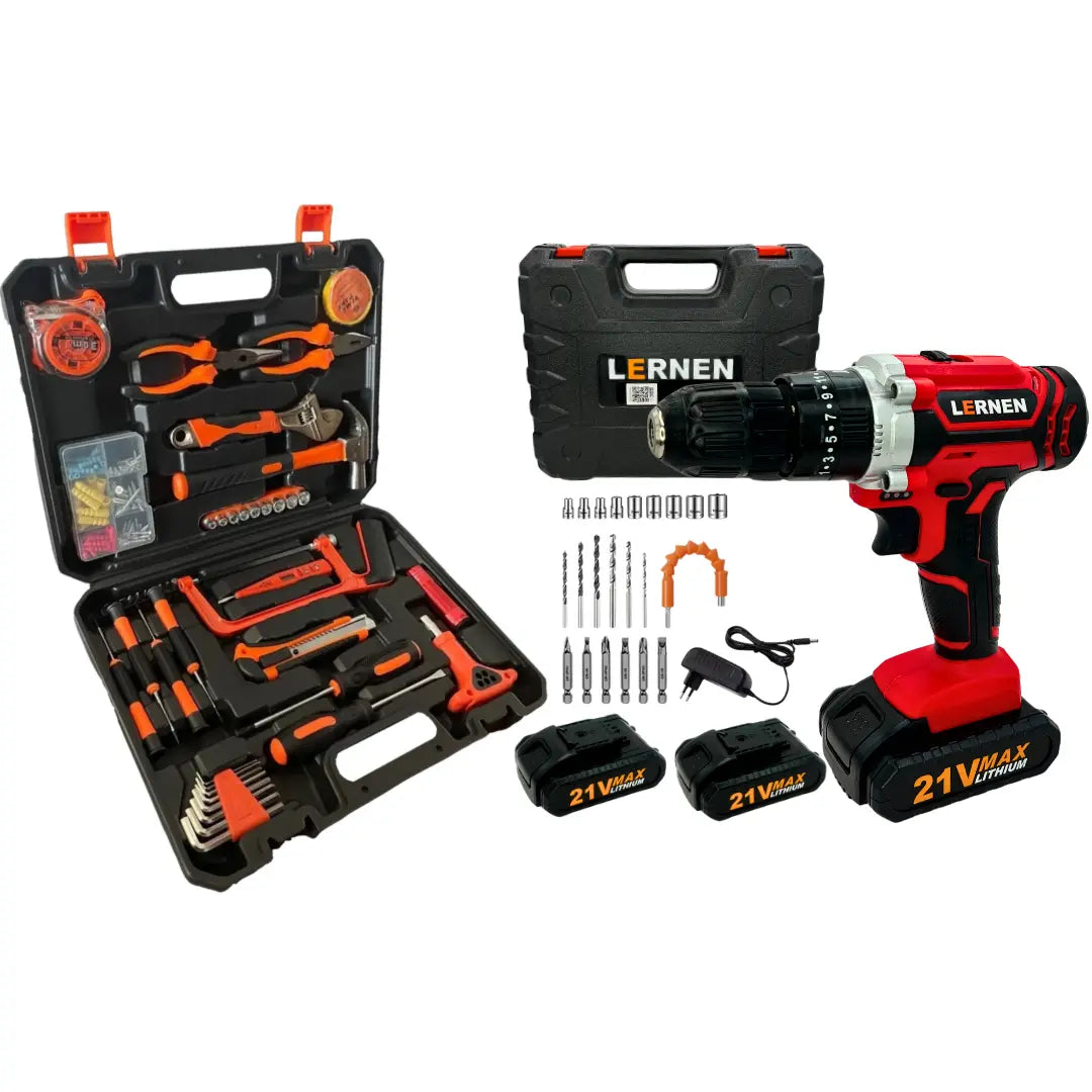 Pack Taladro Lernen Percutor Inalámbrico 2 Baterías + Set de 150 Herramientas