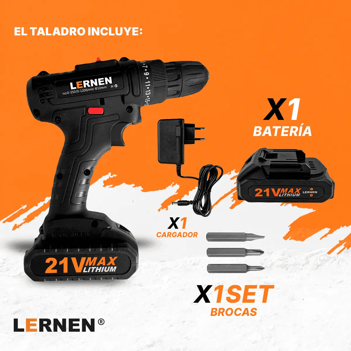 Taladro Destornillador Inalámbrico LERNEN + 1 Batería + Acc Lernen