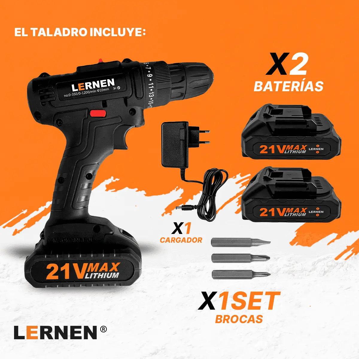 Taladro Destornillador Inalámbrico LERNEN + 2 Baterías + Acc Lernen