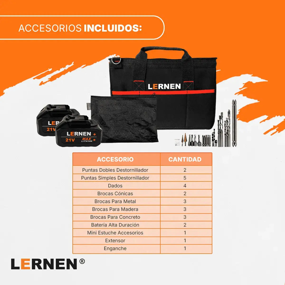 Pack Brushless Taladro y Llave Impacto LERNEN + Bolso + Accesorios Lernen
