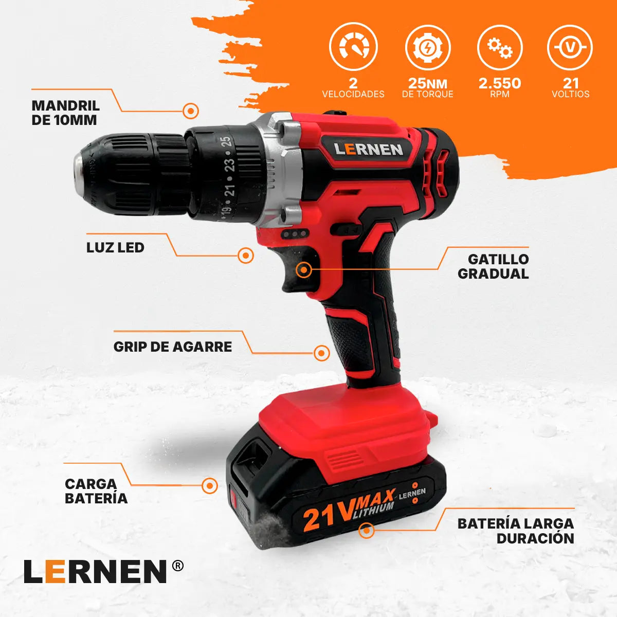 Taladro Percutor Destornillador Inalámbrico 21v LERNEN + 2 baterías + Acc + Maleta Lernen