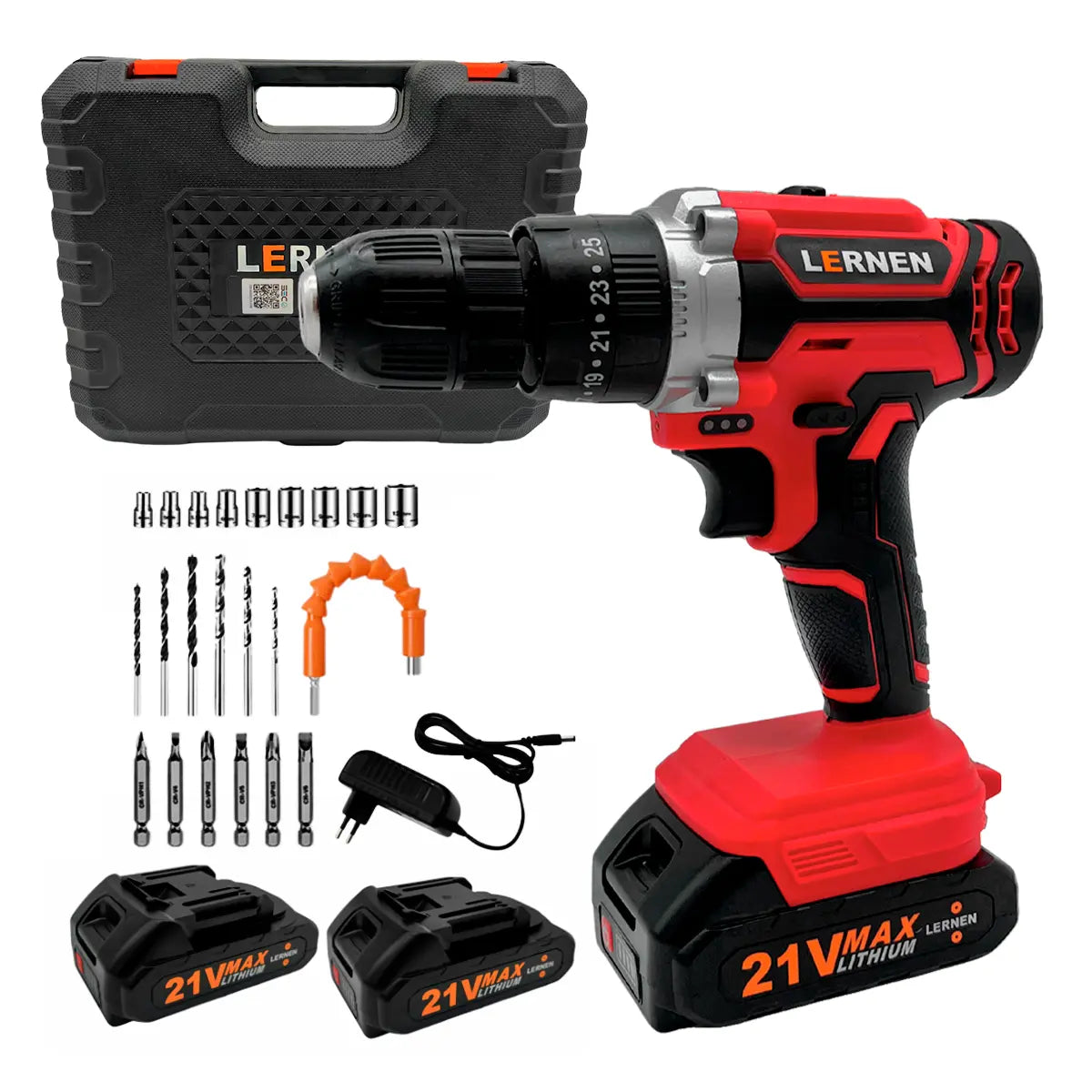 Taladro Percutor Destornillador Inalámbrico 21v LERNEN + 2 baterías + Acc + Maleta Lernen