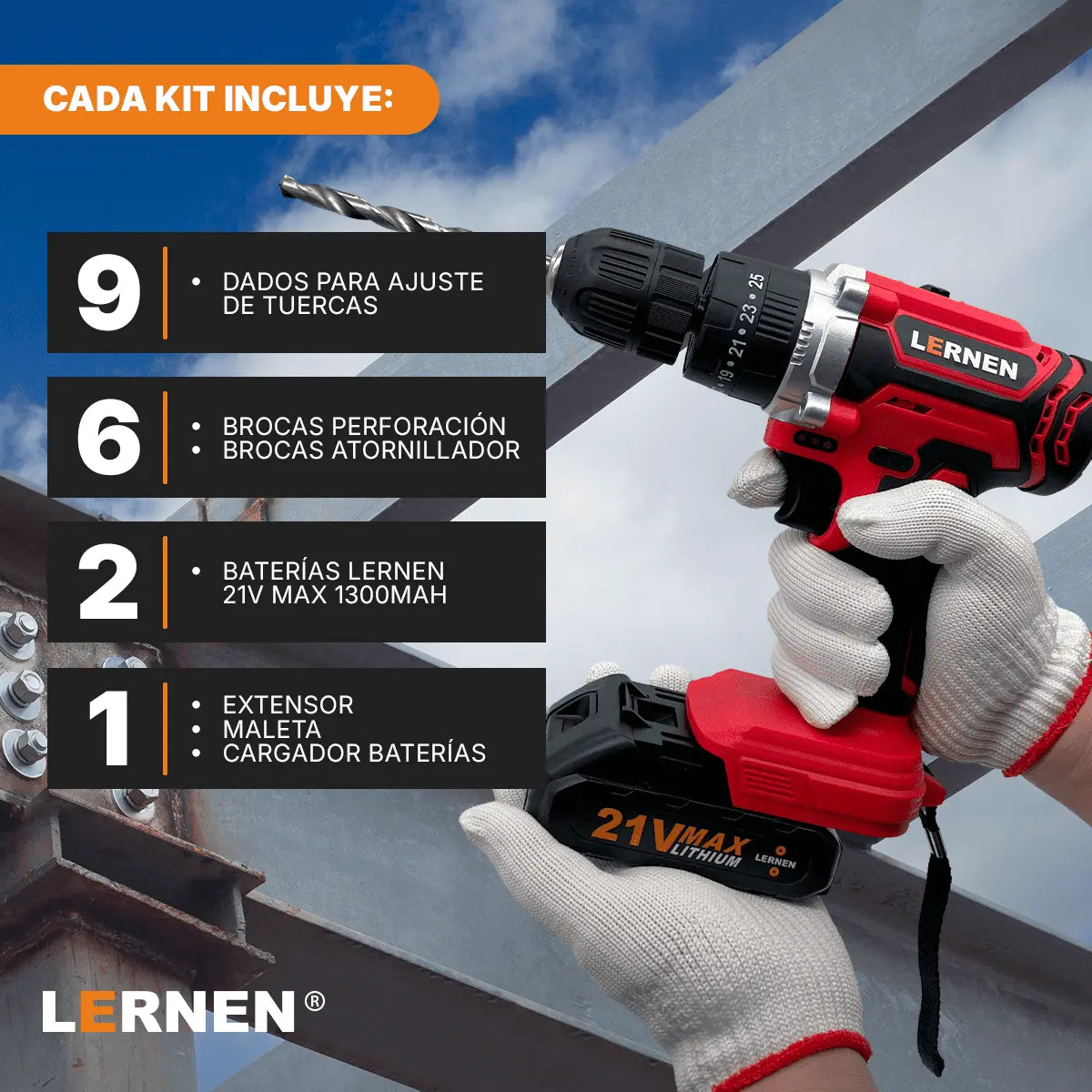 Taladro Percutor Inalámbrico LERNEN 21V + 2 Baterías + Acc Lernen