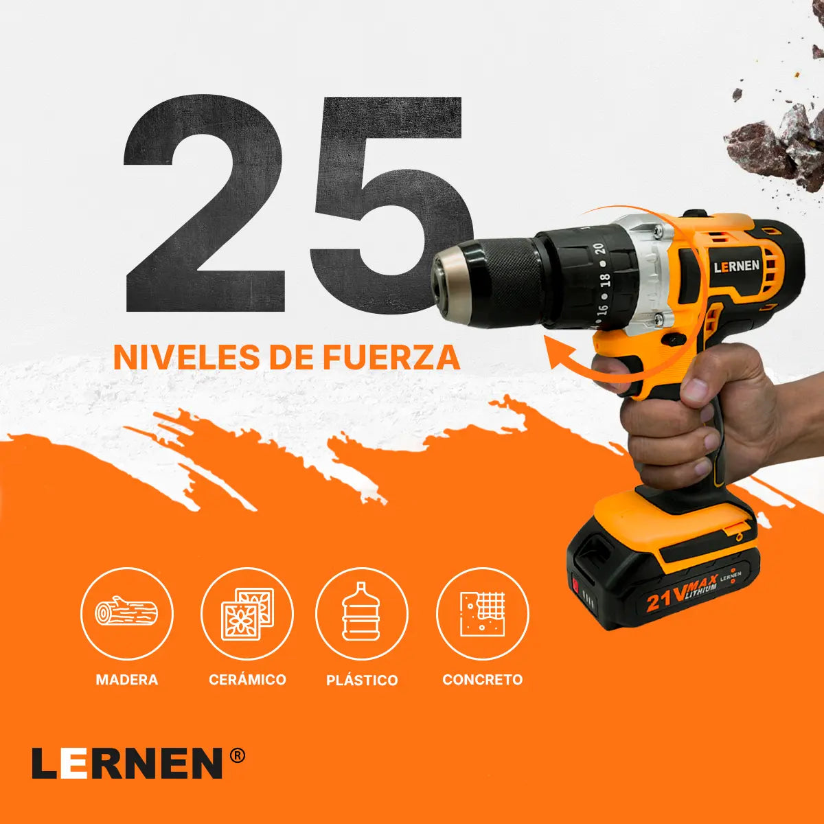 Taladro Percutor Pro Inalámbrico LERNEN 21V + 2 Baterías + Acc Lernen