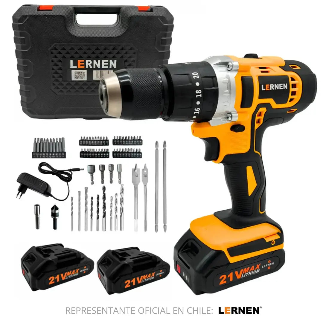 Taladro Percutor Pro Inalámbrico LERNEN 21V + 2 Baterías + Acc Lernen