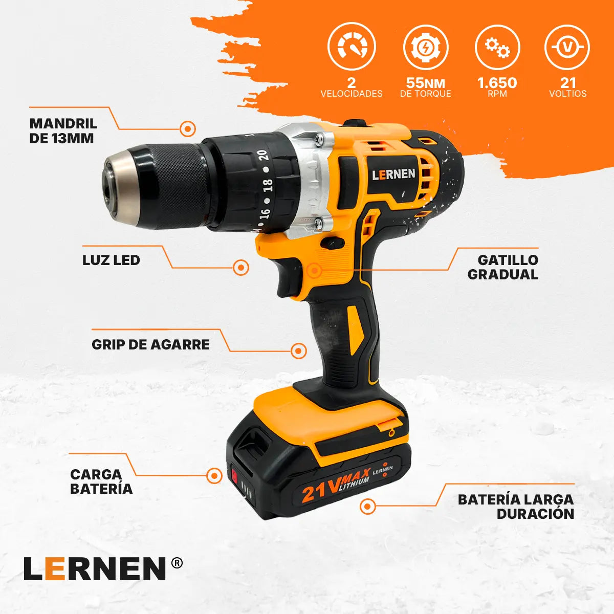 Taladro Percutor Pro Inalámbrico LERNEN + 2 Baterías + Accesorios Lernen