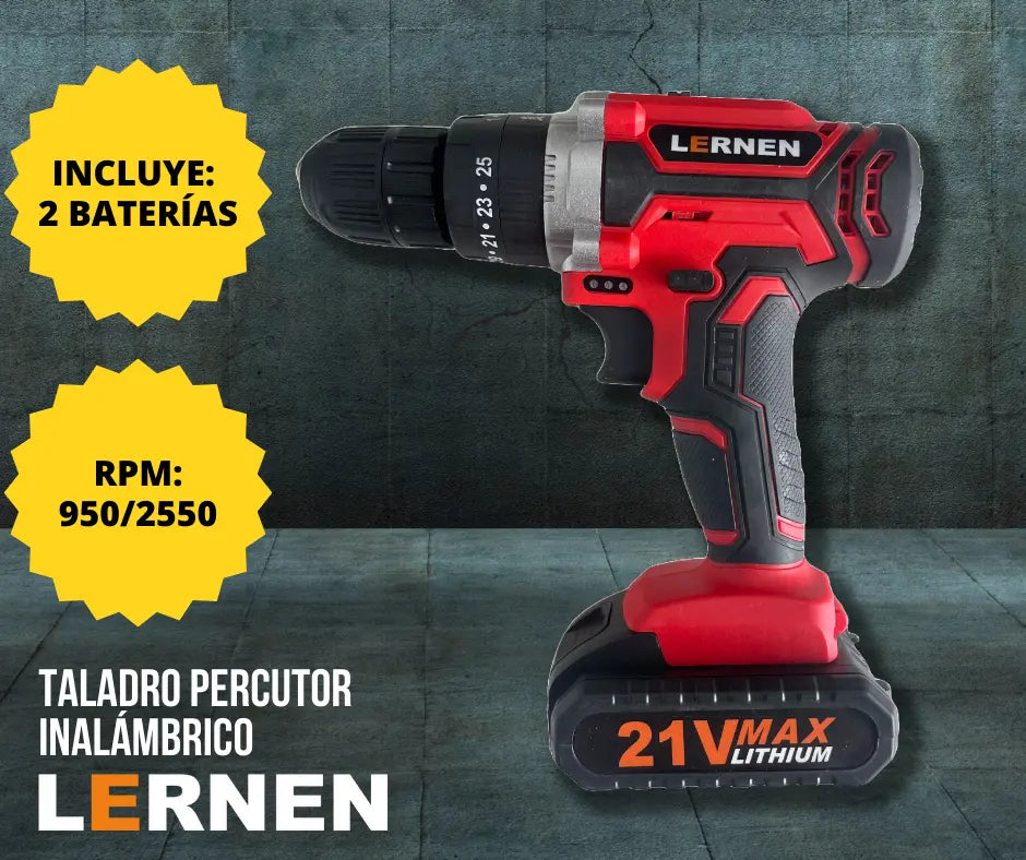 Pack Taladro Inalámbrico Percutor 2 Baterías + Set De 99 Brocas Lernen
