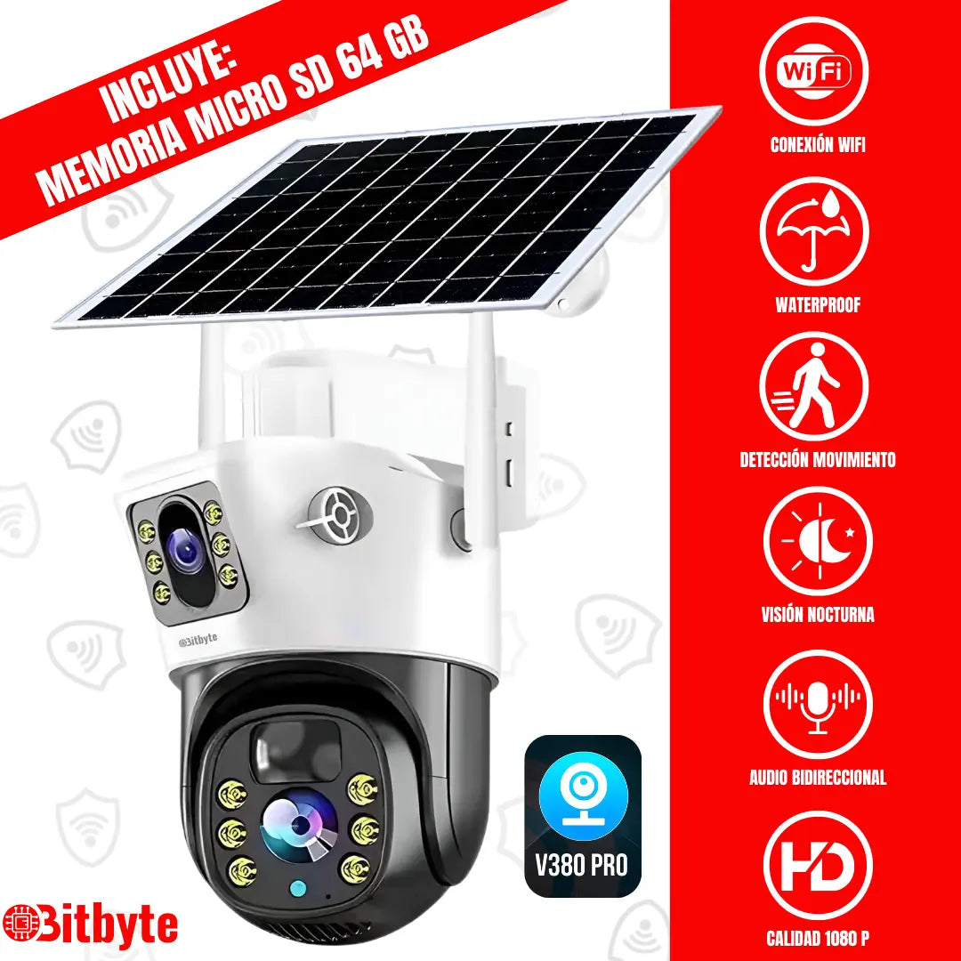 Cámara de seguridad Solar Wifi Exterior Impermeable 4MP + SD 64 GB Lernen