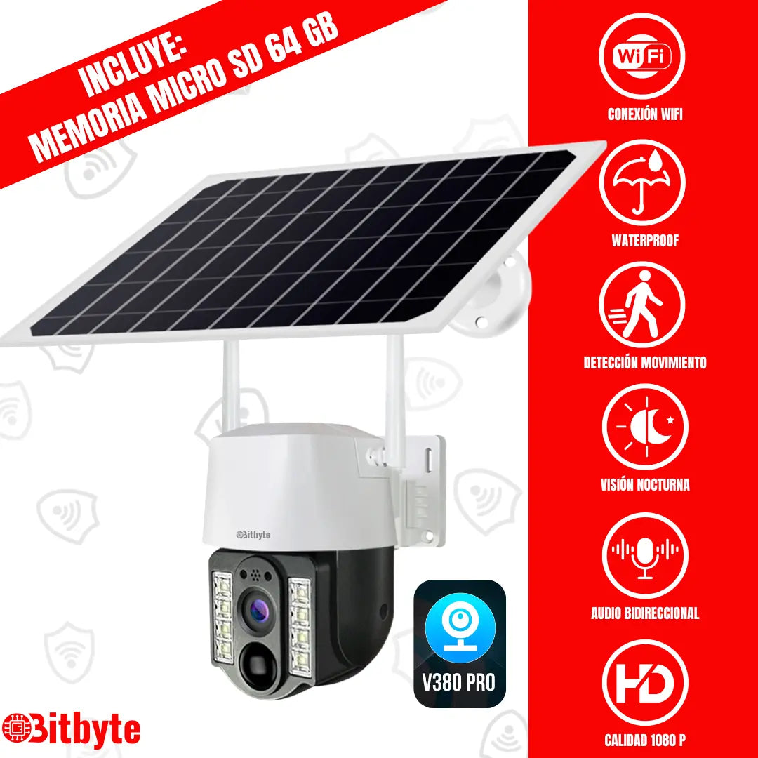 Cámara de seguridad Solar Wifi Exterior Impermeable 5MP + SD 64 GB Bitbyte