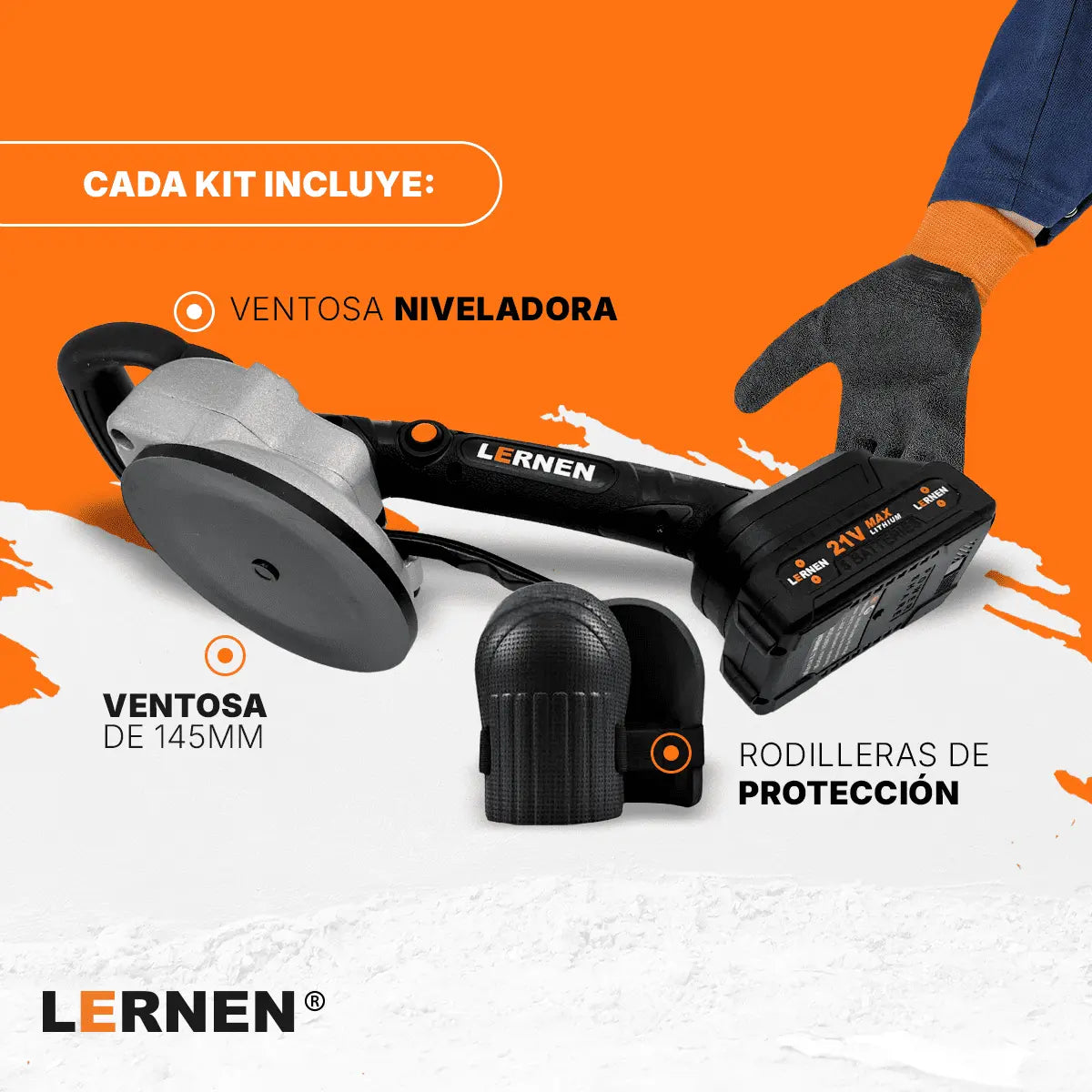 Ventosa Niveladora Vibradora Sopapa de Cerámica Inalámbrica 21V + Batería + Cargador + Rodilleras Lernen