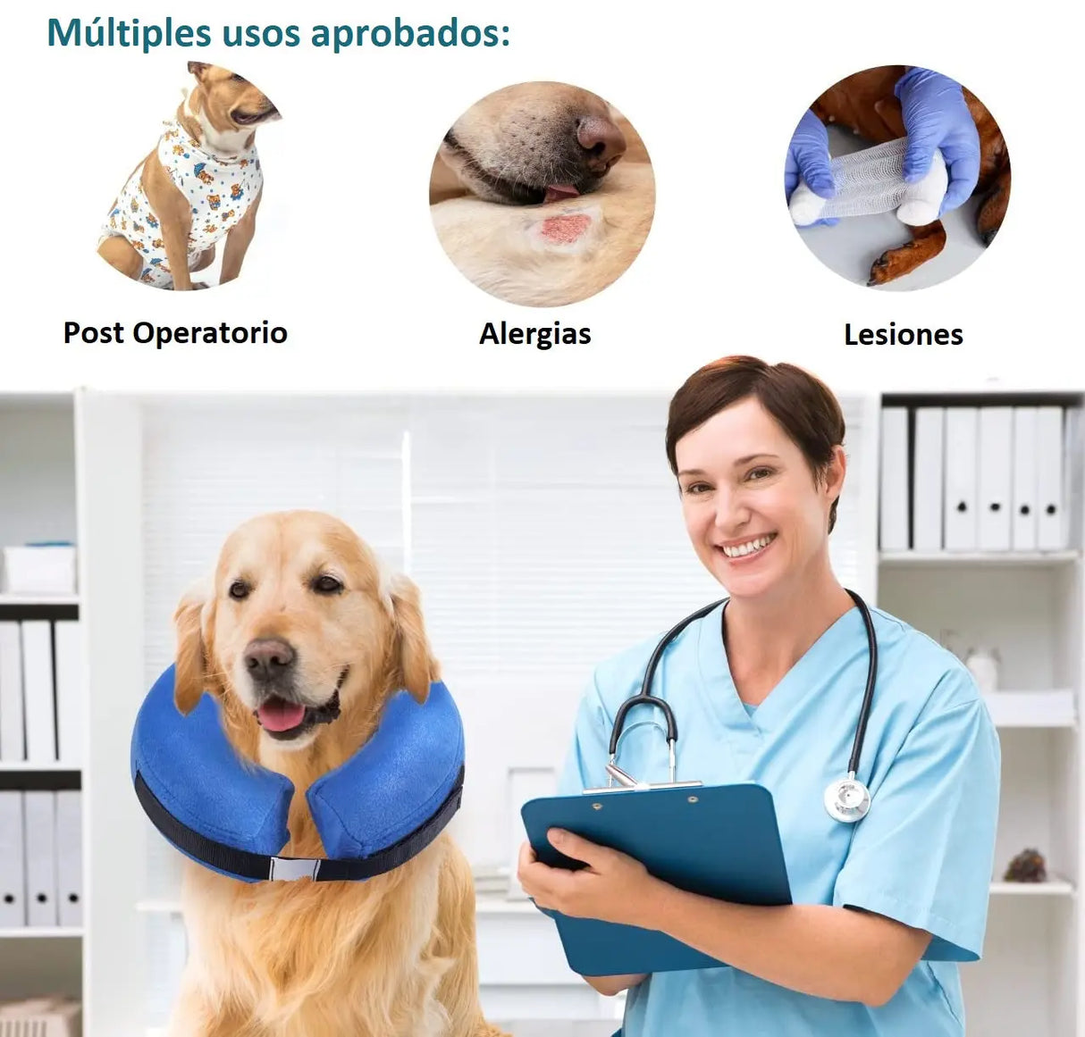 Collar Inflable Isabelino Anti Mordida Perros Gatos - Tallas S, M, L y XL Keru