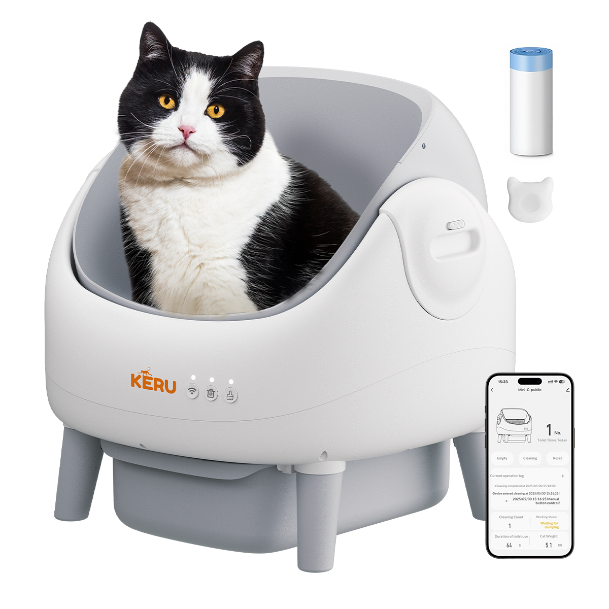Arenero Inteligente Automático KERU ABIERTO para Gatos con App WiFi XXL 76 Lt