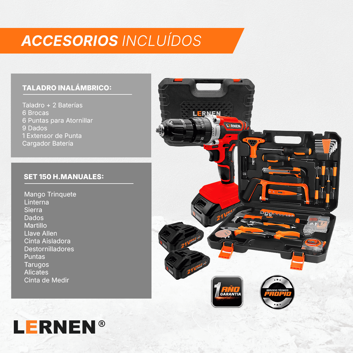 Pack Taladro Lernen Percutor Inalámbrico 2 Baterías + Set de 150 Herramientas