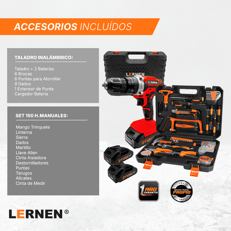 Pack Taladro Lernen Percutor Inalámbrico 2 Baterías + Set de 150 Herramientas