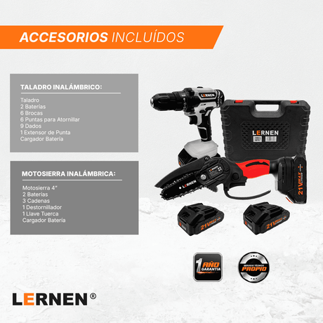 Pack Taladro Inalámbrico LERNEN + Motosierra Podadora LERNEN + 4 Baterías