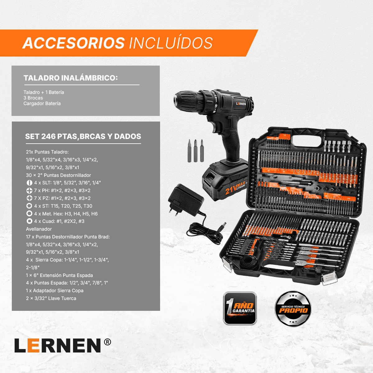 Pack Taladro Destornillador Inalámbrico 21v + Set 246 Brocas