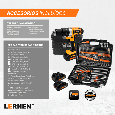 Pack Taladro Inalámbrico Percutor + Set 246 Brocas