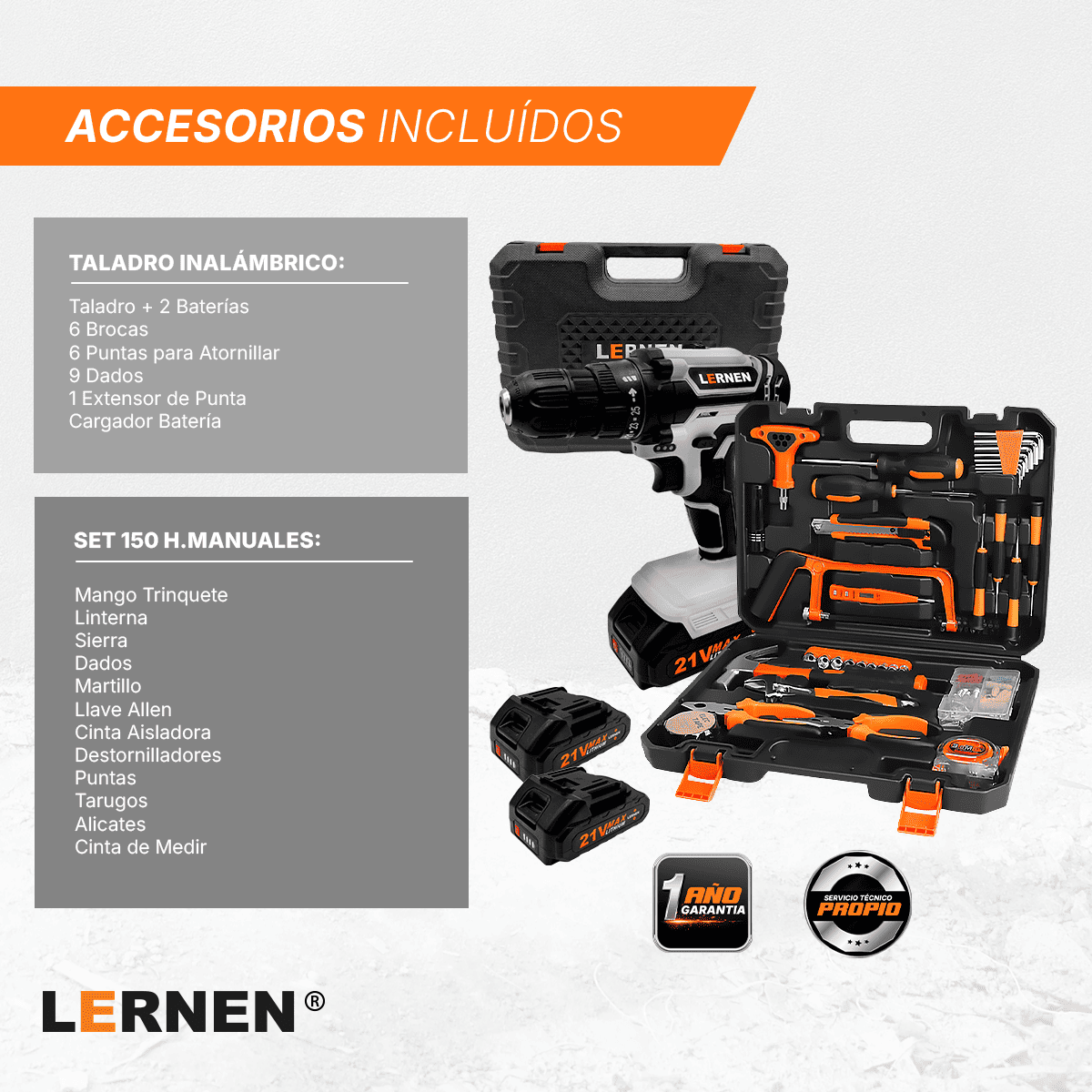 Pack Taladro Inalámbrico 21v 2baterías + Set Herramientas