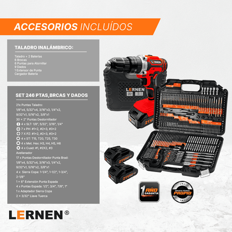 Pack Taladro Percutor + Set 246 Brocas