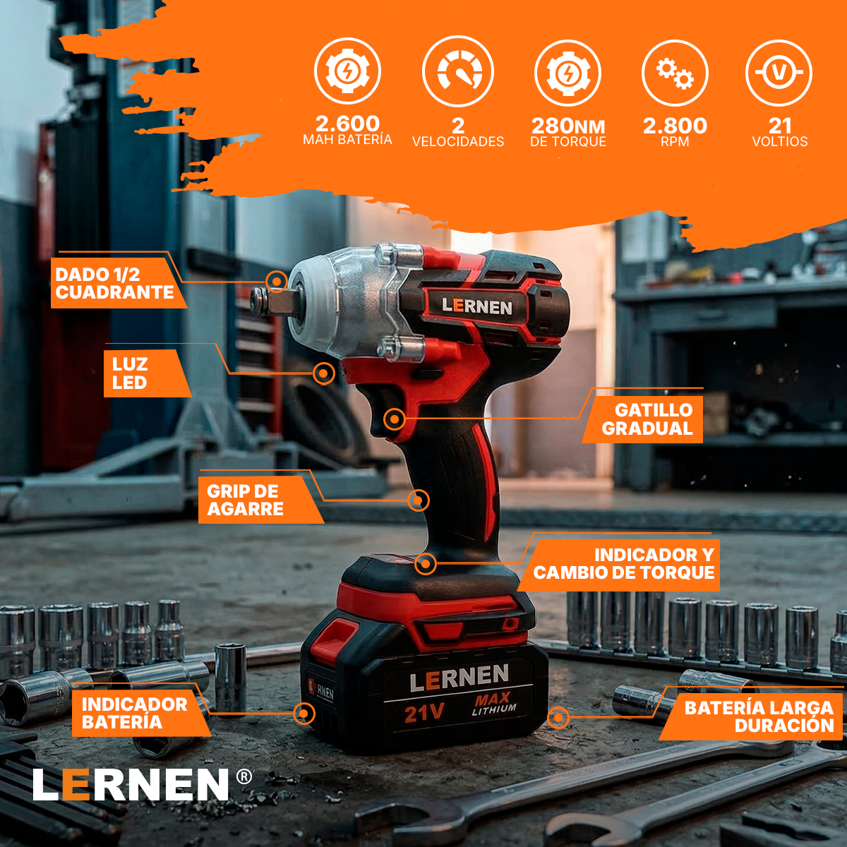 Llave Impacto 1/2" Inalámbrica LERNEN 21V + 2 Baterías + Acc