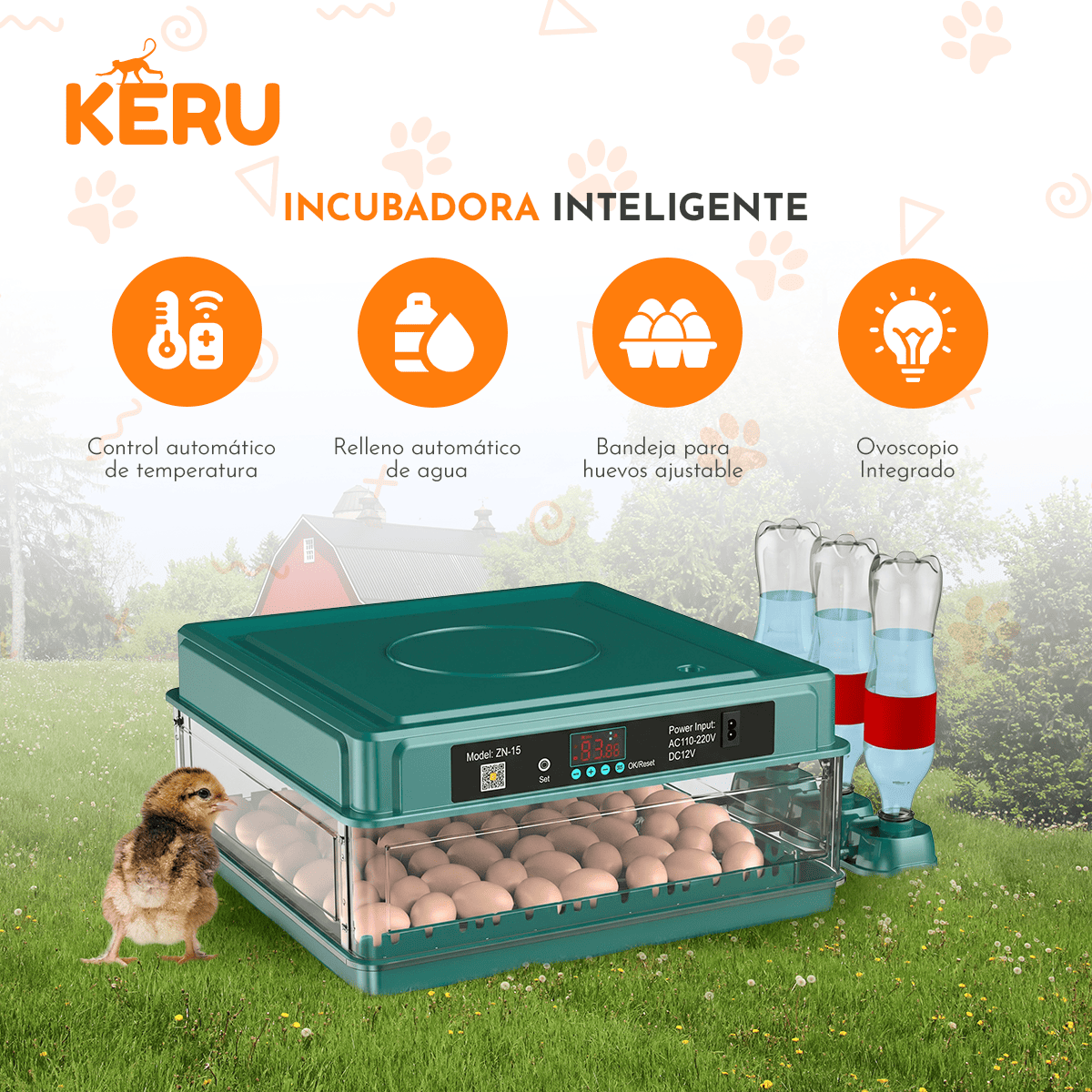 Incubadora Automática KERU 48 Huevos con Volteo, Control de Temperatura y Doble Alimentación