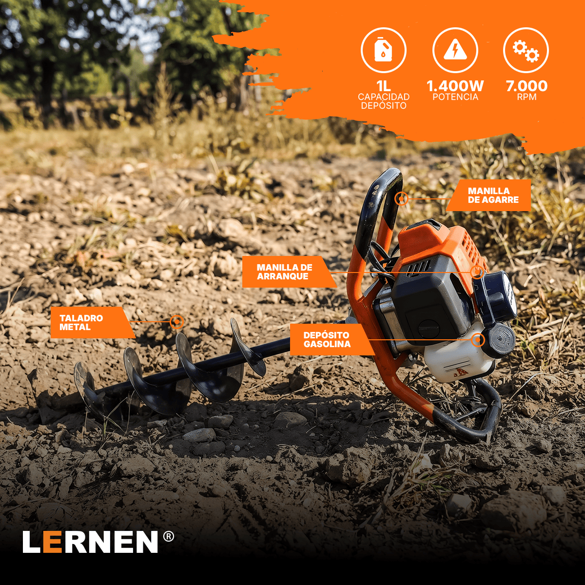Ahoyador Barreno a Gasolina 52 cc + 3 Brocas Lernen