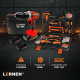 Pack Taladro Lernen Percutor Inalámbrico 2 Baterías + Set de 150 Herramientas