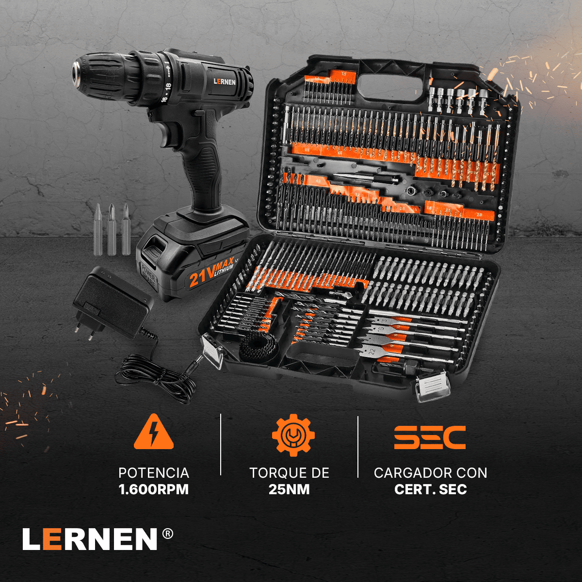 Pack Taladro Destornillador Inalámbrico 21v + Set 246 Brocas