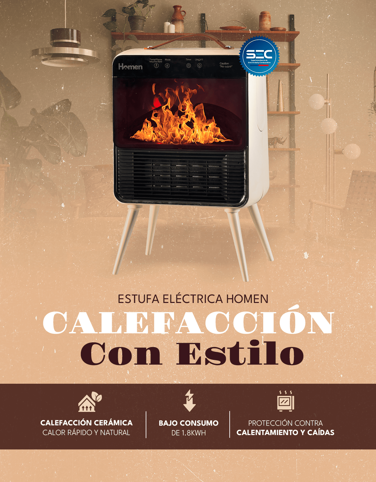 Estufa Calefactor Eléctrico Homen Retro Chimenea 1800W con Efecto Llama