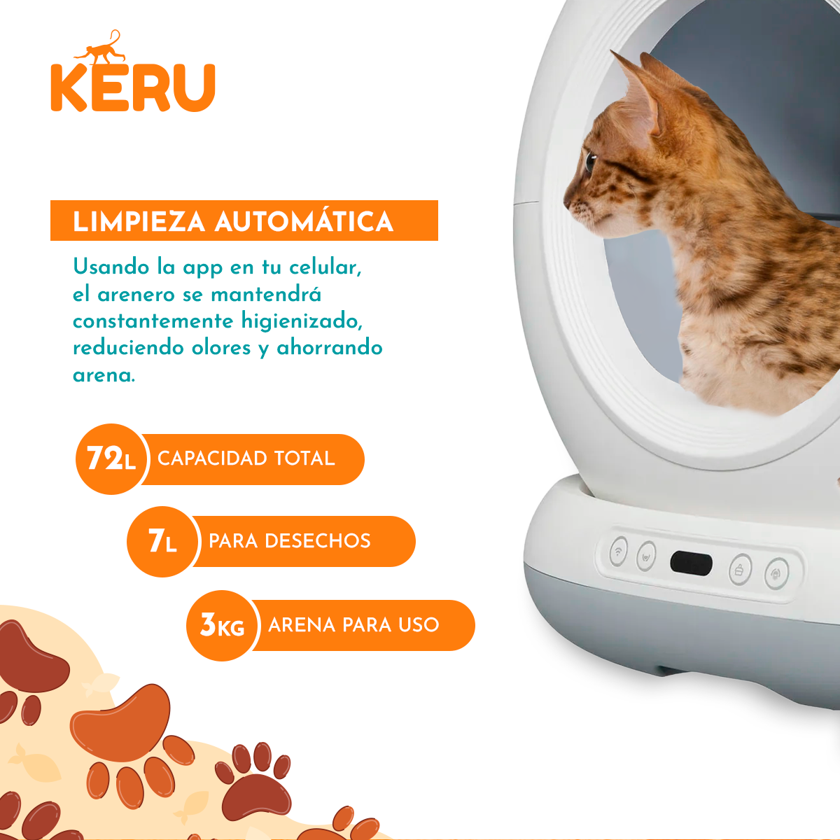 Arenero Inteligente Automático WiFi para Gatos con App - Autolimpiante Keru