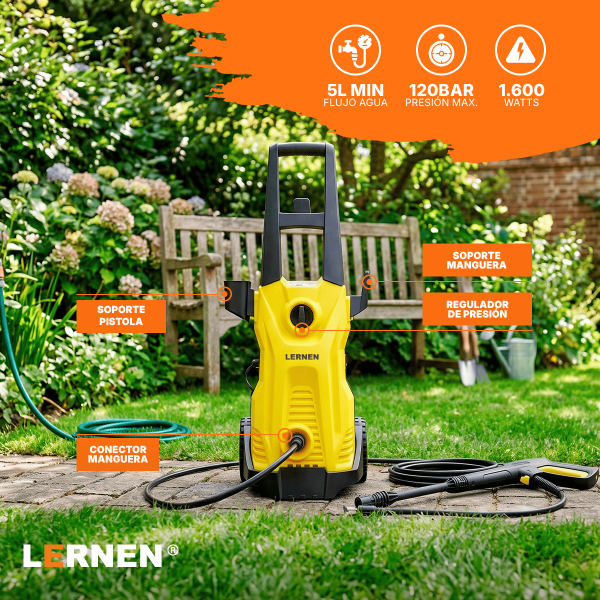 Hidrolavadora 1.600w con Espumador y Ruedas LERNEN