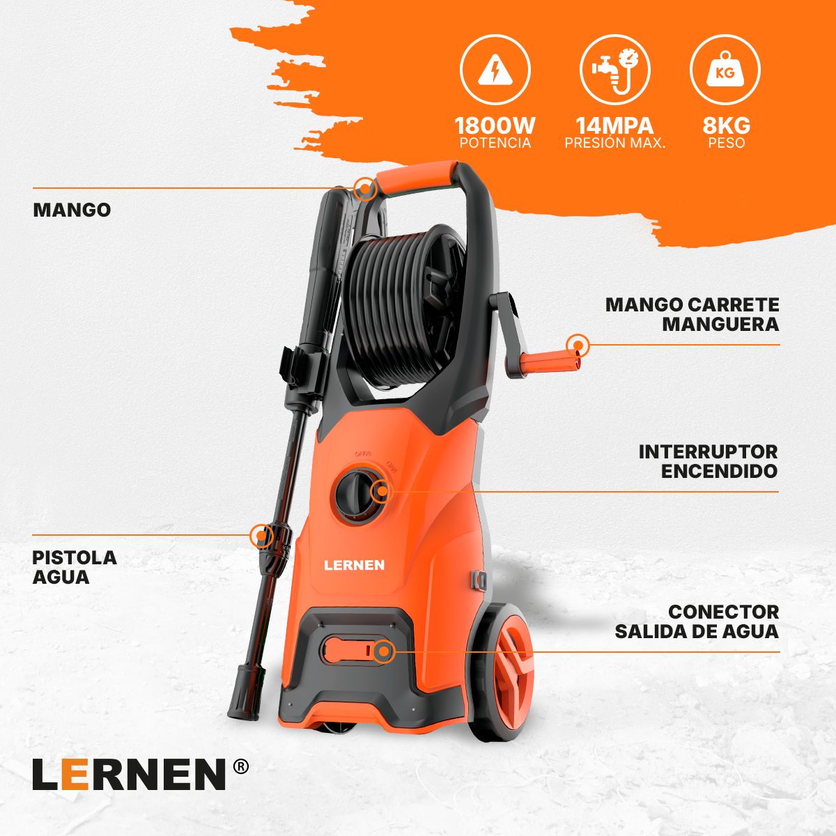 Hidrolavadora 1800w con Espumador y Ruedas LERNEN Lernen