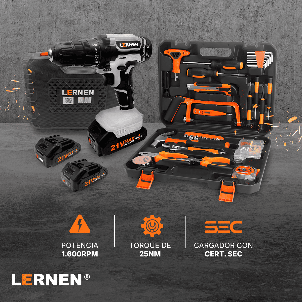 Pack Taladro Inalámbrico 21v 2baterías + Set Herramientas