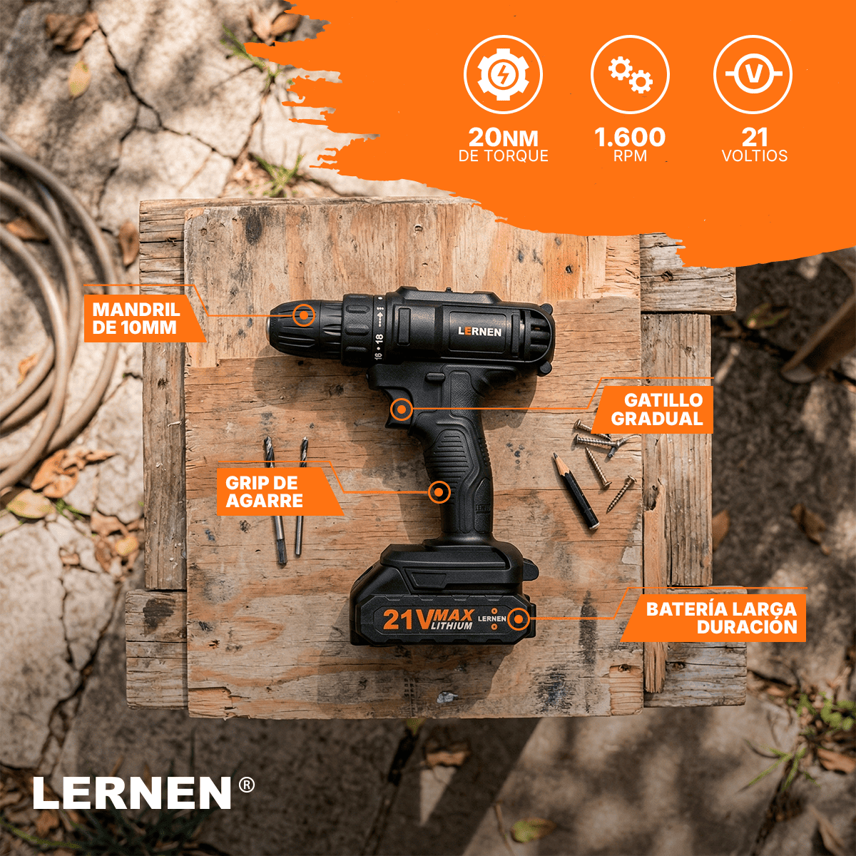 Taladro Destornillador Inalámbrico LERNEN + 1 Batería + Acc