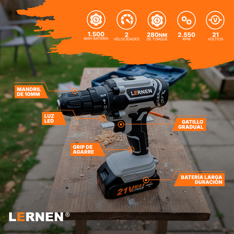 Kit Taladro Destornillador Inalámbrico LERNEN 21V + 2 Baterías + Acc