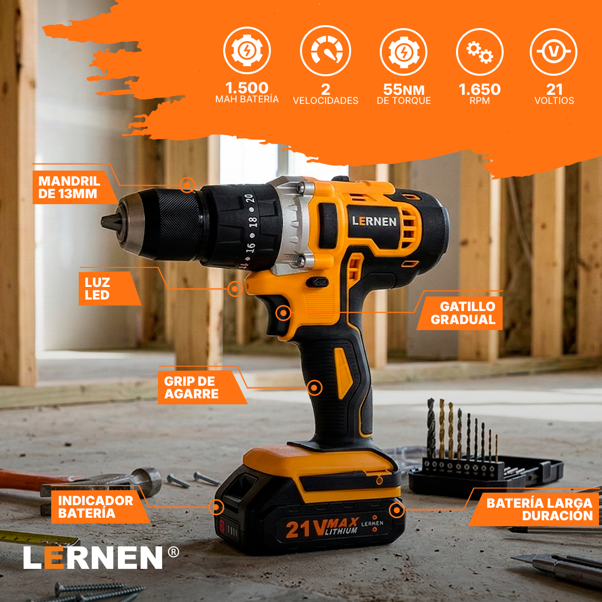 Taladro Percutor Pro Inalámbrico LERNEN 21V + 2 Baterías + Acc