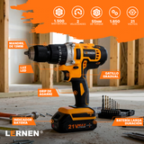 Taladro Percutor Pro Inalámbrico LERNEN 21V + 2 Baterías + Acc