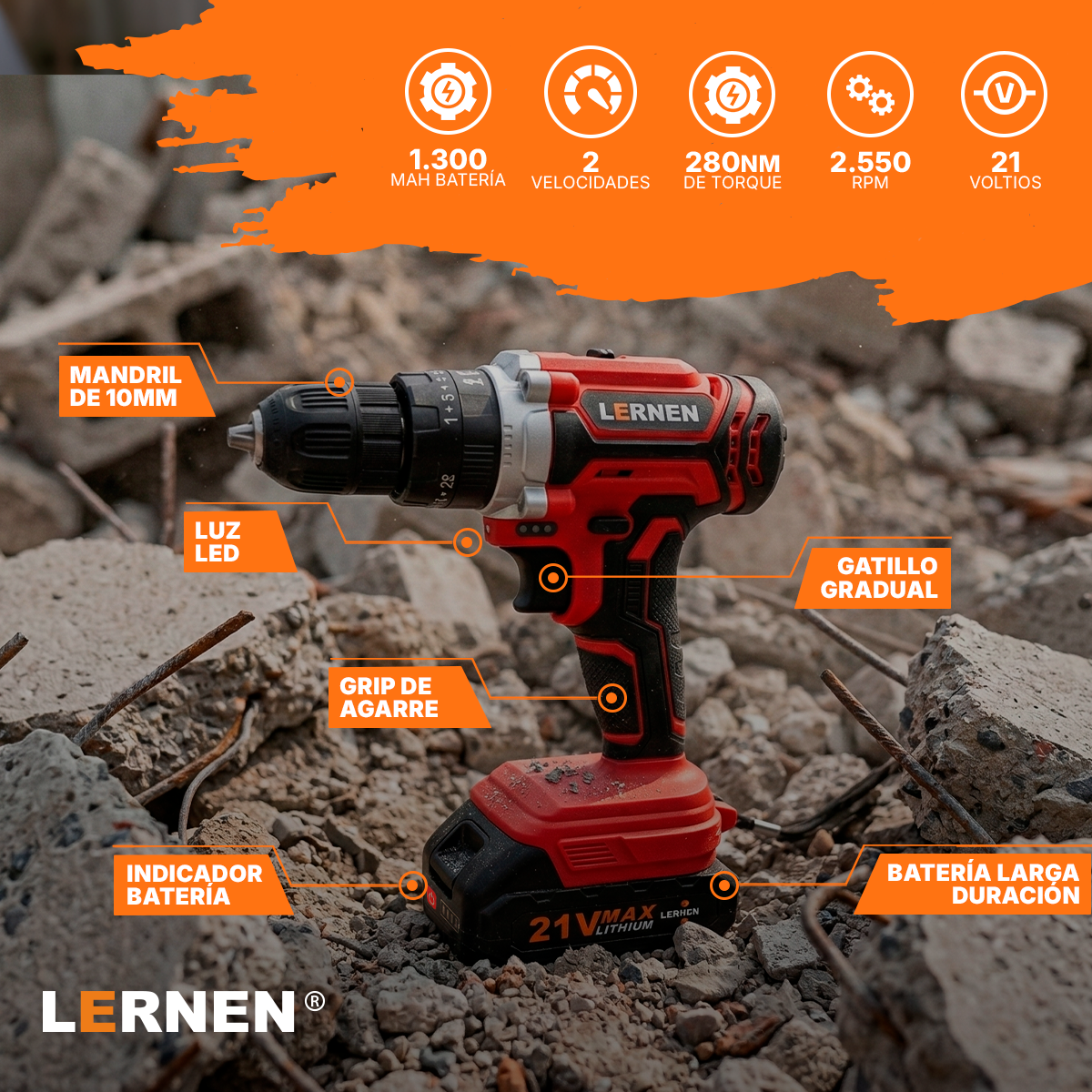 Taladro Percutor Inalámbrico LERNEN 21V + 2 Baterías + Acc