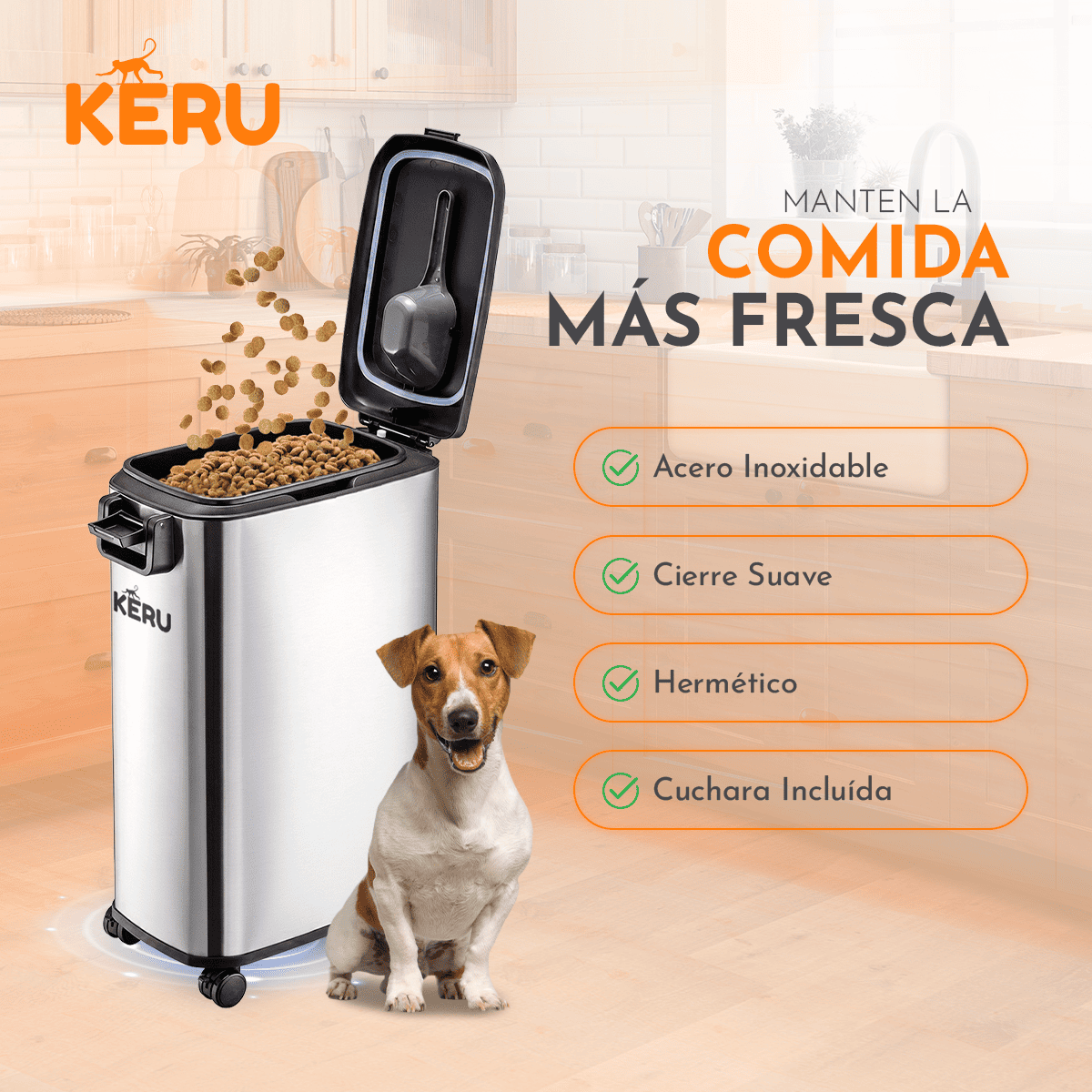 Contenedor Hermético para Alimento de Mascotas KERU 15 Litros Acero Inoxidable