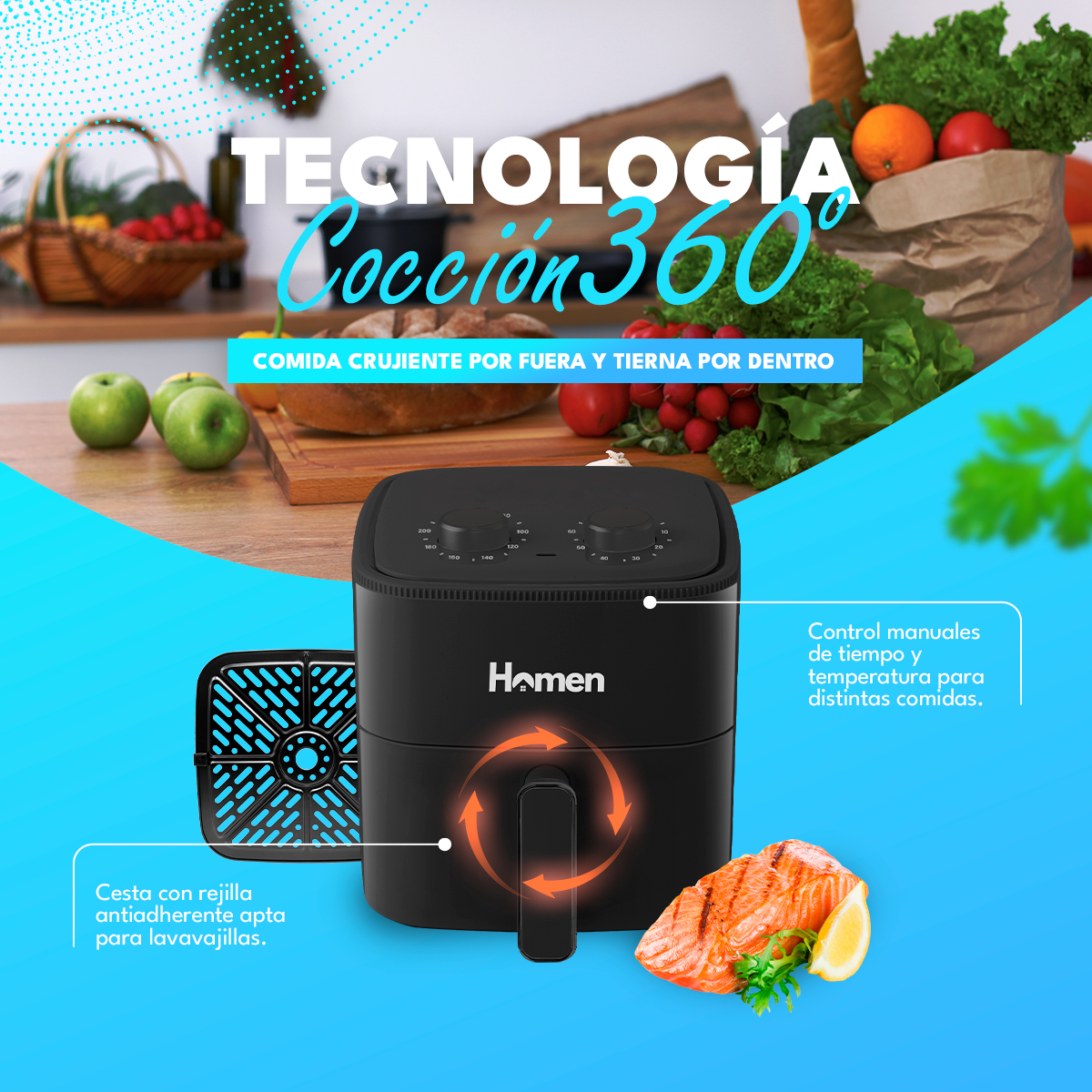 Freidora de Aire 4.2 Litros 1.200W homen — Cocina más sana y crujiente
