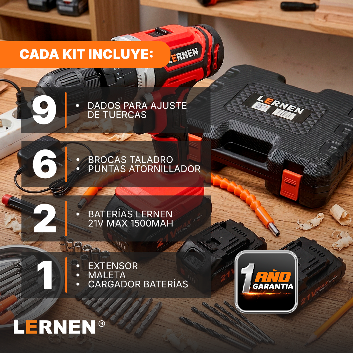 Taladro Percutor Inalámbrico LERNEN 21V + 2 Baterías + Acc