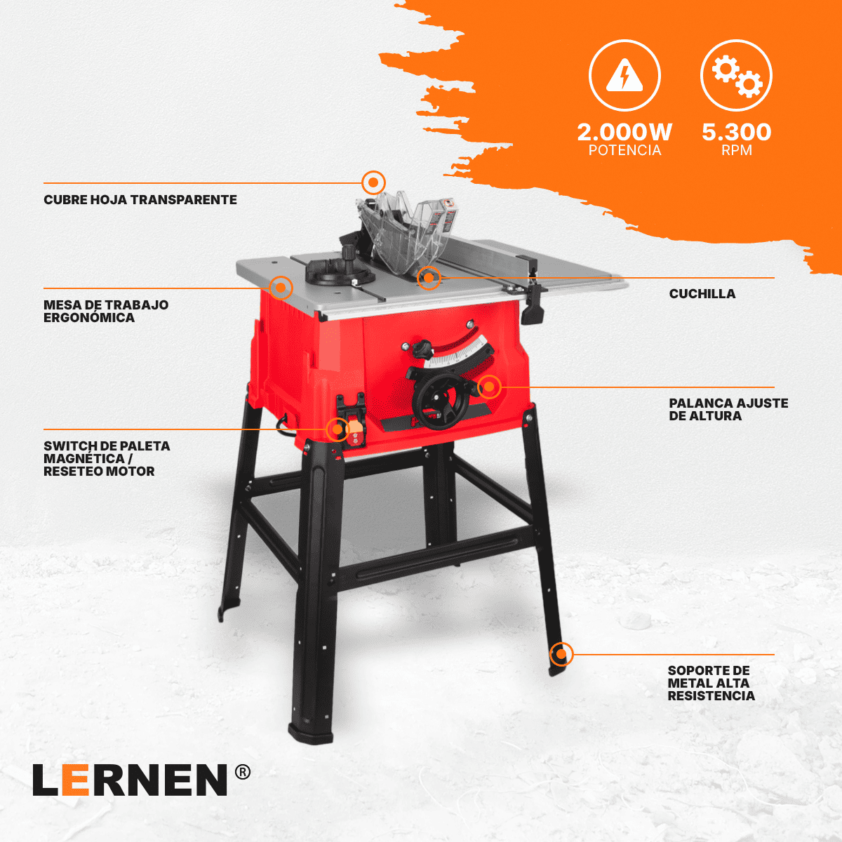 Sierra de Banco 2000W Lernen– Disco 254 mm (10”) con 2 Hojas Incluidas Lernen