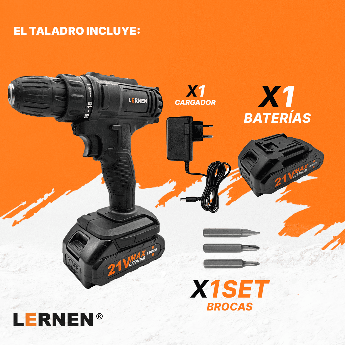 Taladro Destornillador Inalámbrico LERNEN + 1 Batería + Acc